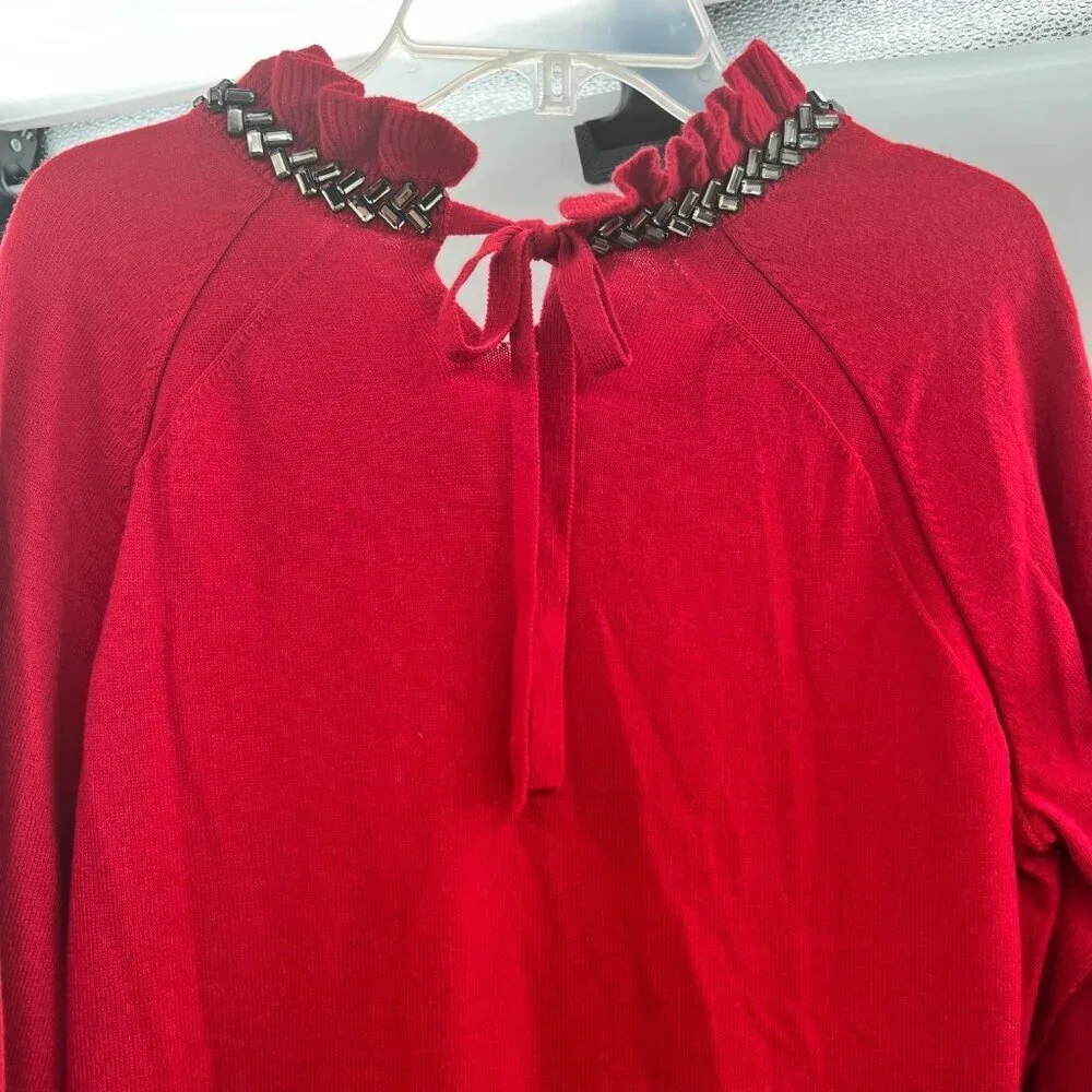 Talbot Women's Mock Rhinestone Neck Sweater 3/4 Sleeve Red Size MP Keyhole